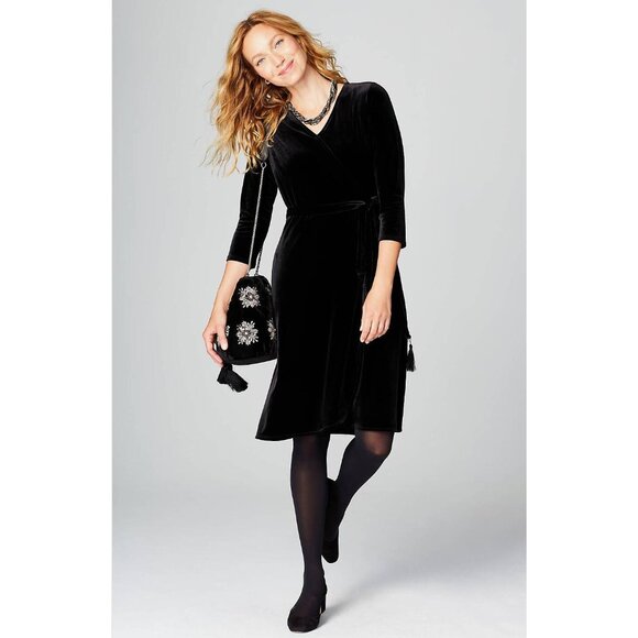 NWT J. Jill Womens Plus Size 4X Black Lux Velvet Belted Faux Wrap Dress NEW - Picture 1 of 5